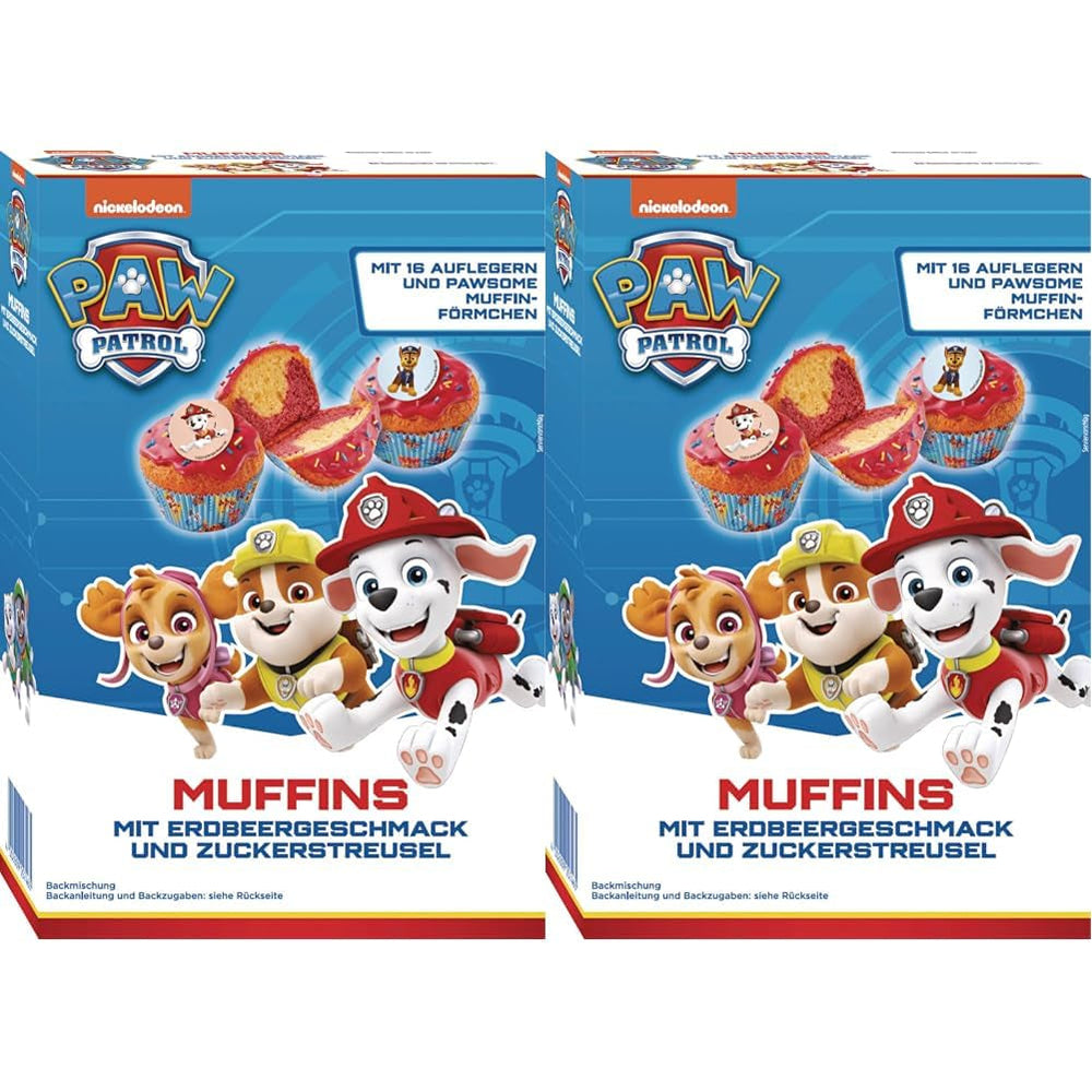 RUF X PAW Patrol Muffin Backmischung Mit Erdbeer-Geschmack, Für 12 Paw Patrol Muffins, Inkl.16 Oblaten-Auflegern Und Pawsome Muffin-Förmchen, 1 X 394G Naty Shop 392 G (2Er Pack) Muffins