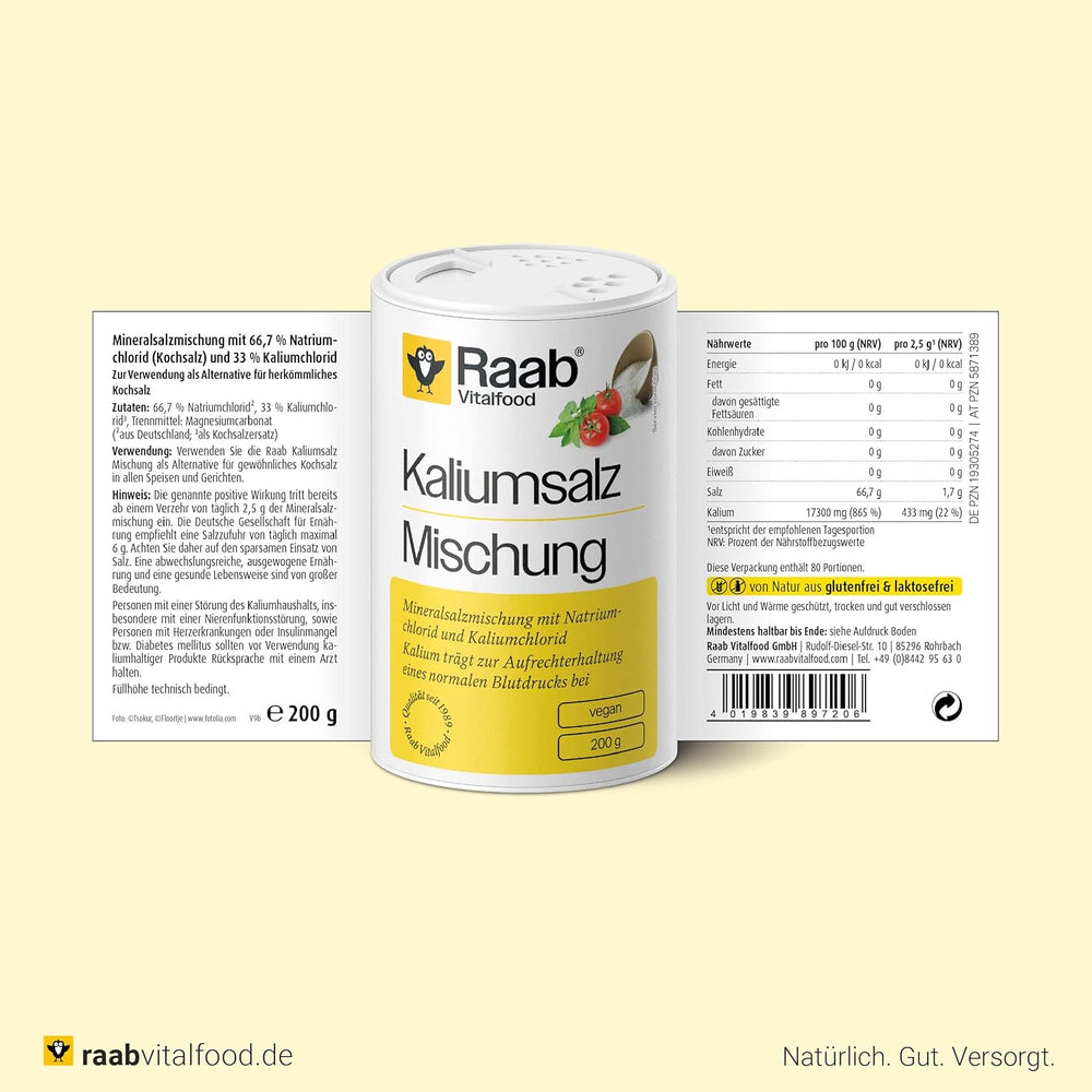 Raab Vitalfood Kalium salt-Mischung, Mineralsalzmischung mit 66.7% Natriumchlorid (Kochsalz) und 33% Kaliumchlorid, Kalium trägt zur Aufrechterhaltung eines normalen Blutdruck bei (1 x 200 g Dose)