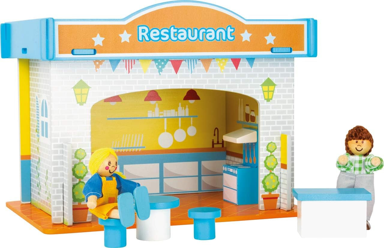 Small Foot 10852 Playhouse Restaurant Made of wood, With 2 doll figures, accessories and removable roof, From 3 years Naty Shop Dollhouses