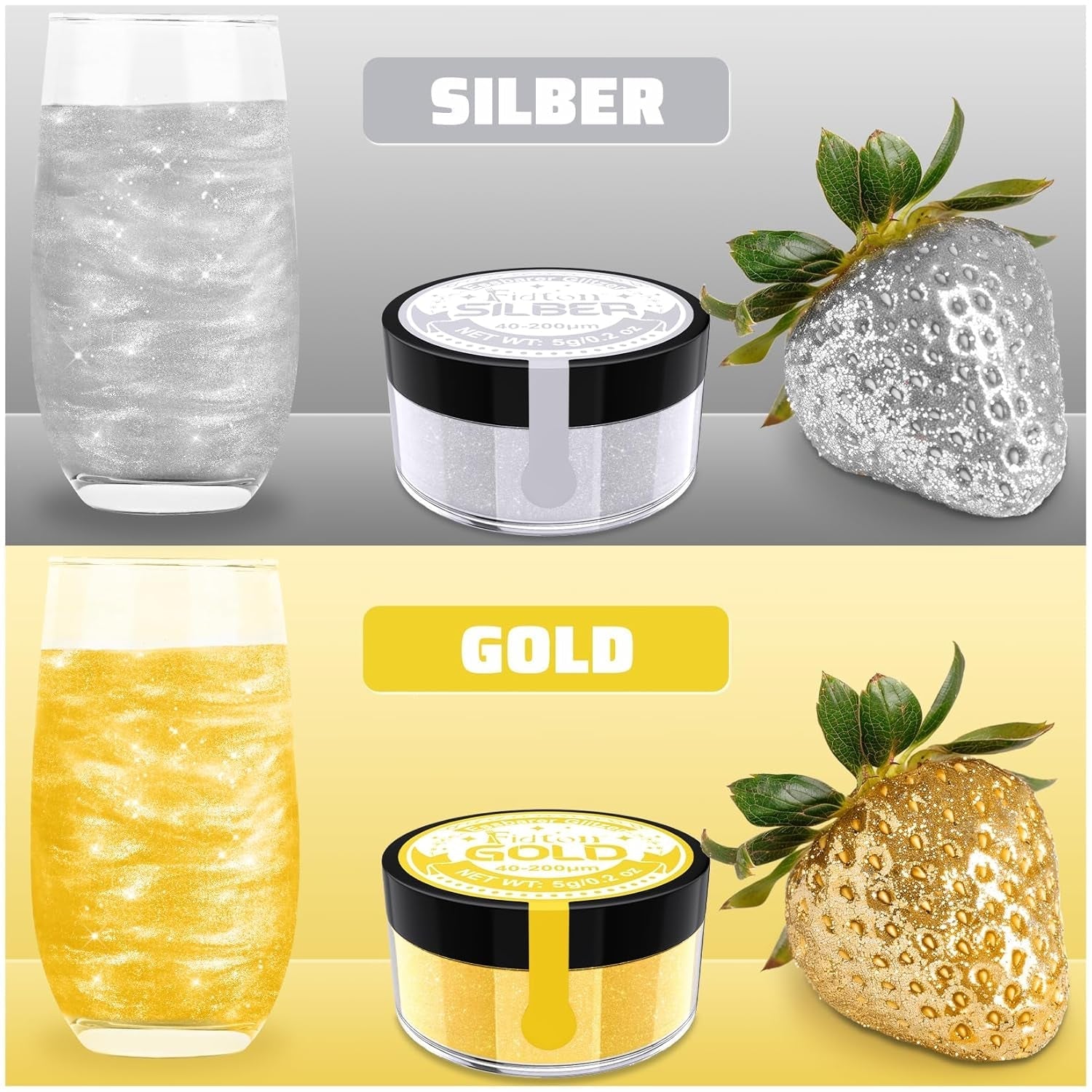 Sclipici comestibil pentru băuturi - Set de colorant alimentar pudră Fidton cu 2 culori, Sclipici comestibil pentru prăjituri, Fondant auriu, Gogoașă, Sclipici comestibil pentru băuturi, Cocktail, Aur și argintiu comestibil - 5 g
