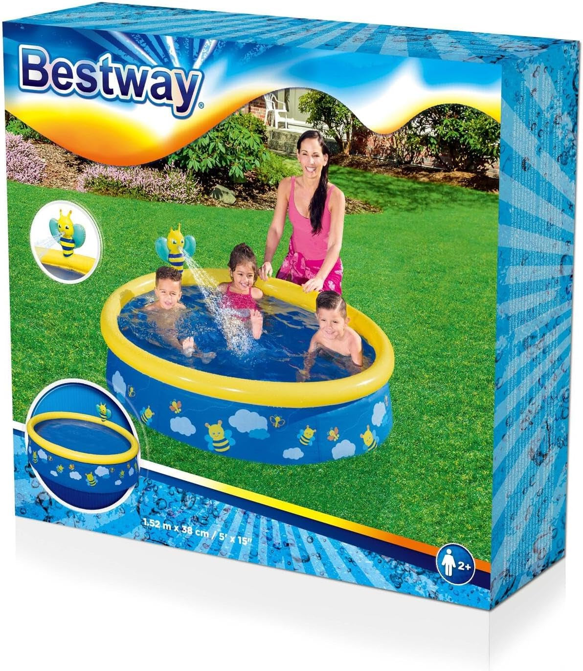 Piscină Bestway Fast Set cu pulverizator de apă, 477 L, multicoloră, 152 x 152 x 38 cm