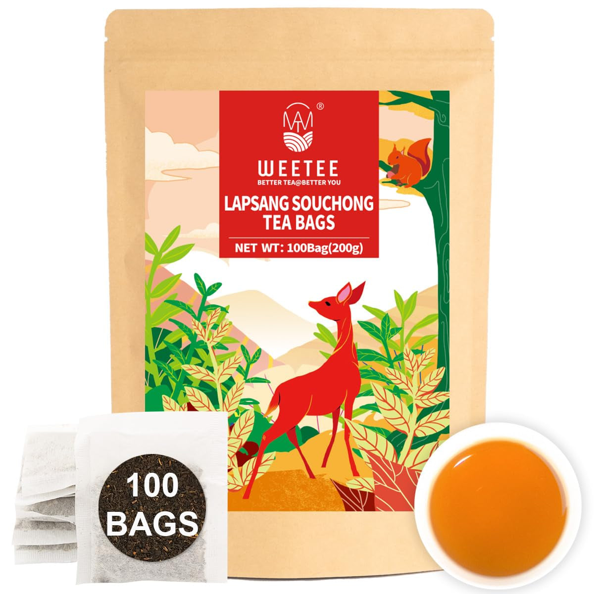 WEETEE Pliculețe de ceai verde, 100 bucăți Pliculețe de ceai verde, ceai verde pur, super antioxidant | Pliculețe resigilabile | Preparare fierbinte sau rece