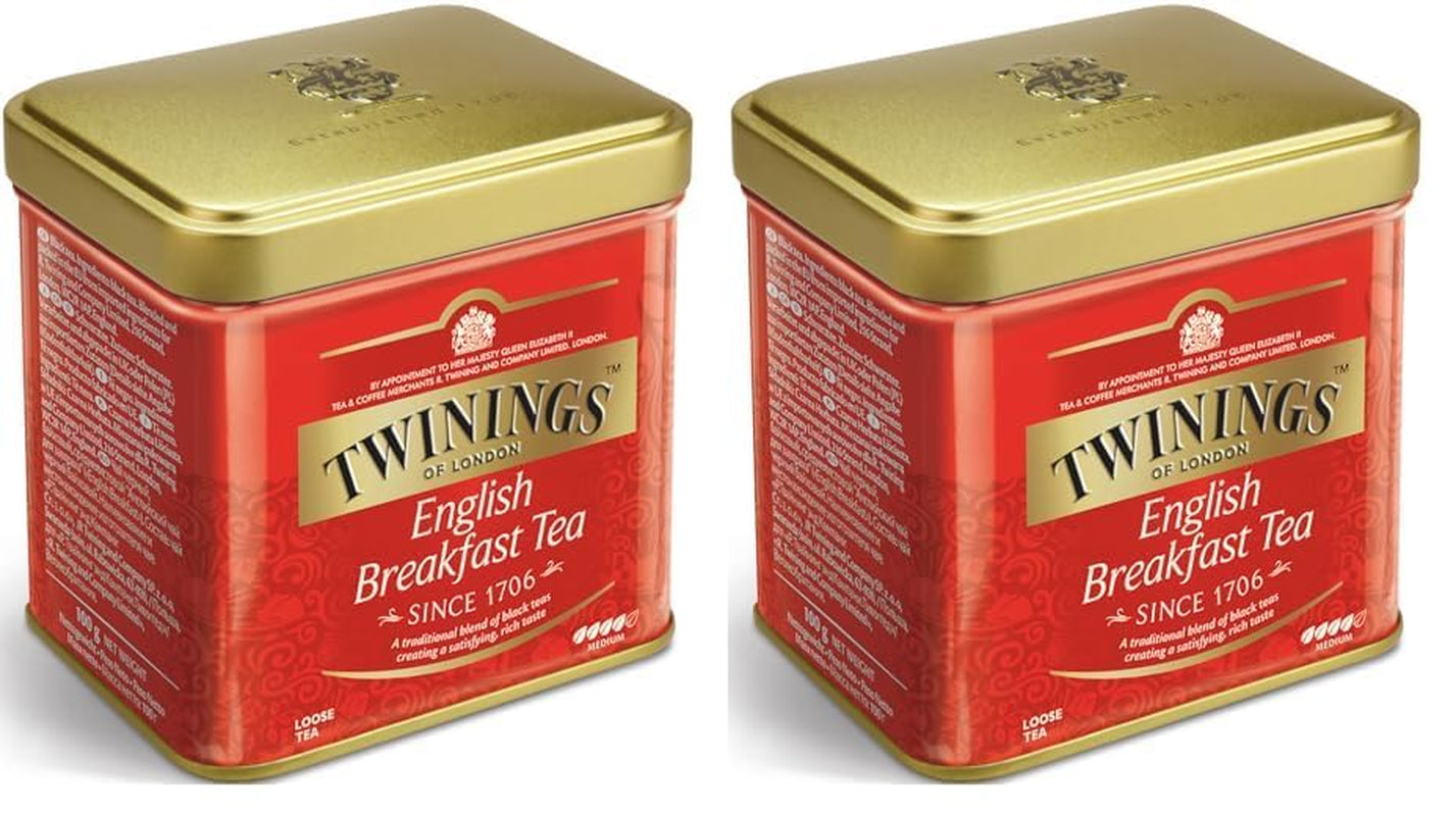 Twinings English Breakfast Tea Ceai negru vrac în cutie de ceai Ceai negru puternic din frunze de ceai de înaltă calitate culese din cele mai bune plantații de ceai din Sri Lanka și India G, neutru, 100 grame
