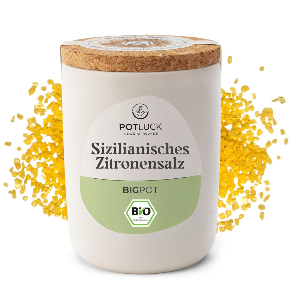 Potluck | Bio Sizilianisches Zitronensalz | Gewürzsalz für Fisch, Meeresfrüchte, Gemüse, Salad und Dressings | 140g in Keramiktopf