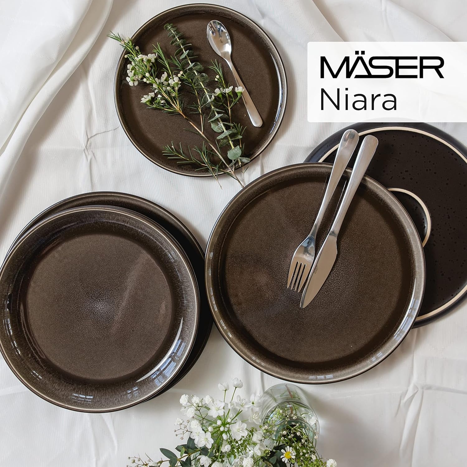 MÄSER 934020 Seria Niara, Set de veselă modern pentru 6 persoane într-un aspect vintage incitant, Set de mic dejun din ceramică cu 18 piese, gri și negru, Gresie