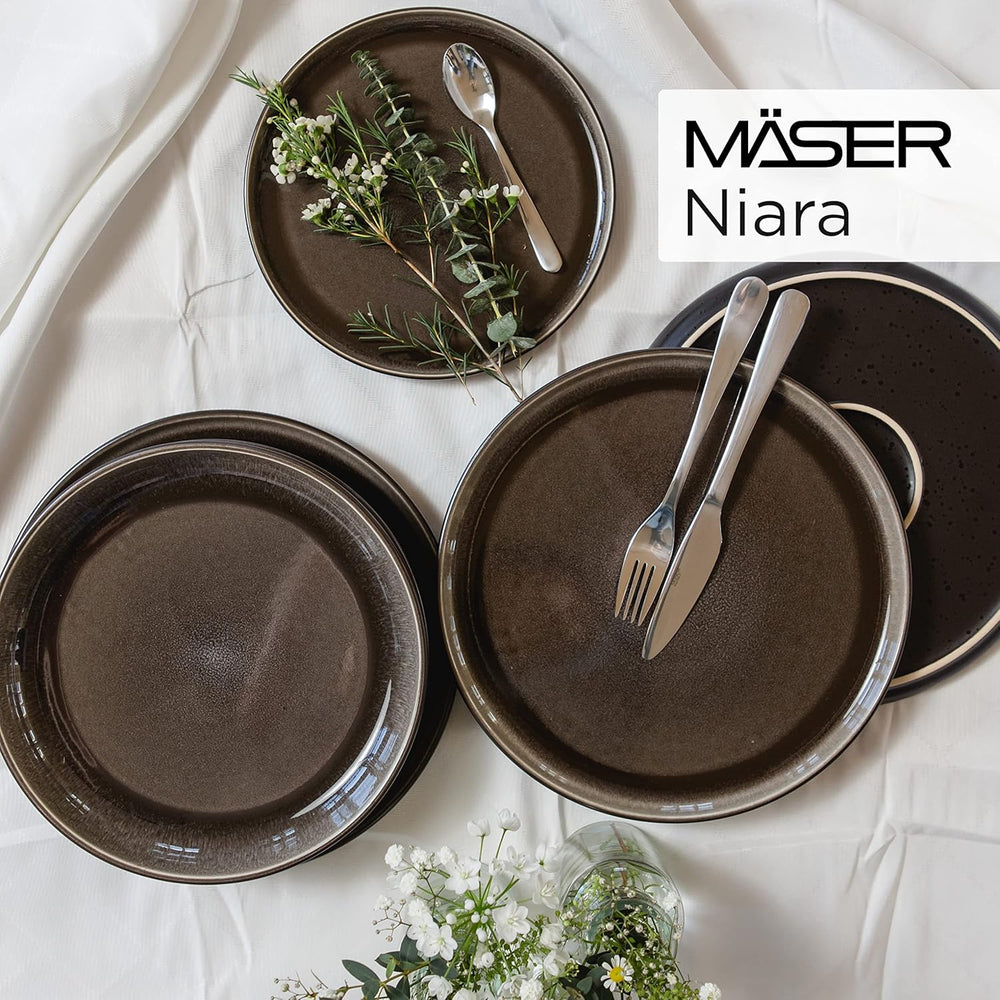 MÄSER 934020 Seria Niara, Set de veselă modern pentru 6 persoane într-un aspect vintage incitant, Set de mic dejun din ceramică cu 18 piese, gri și negru, Gresie
