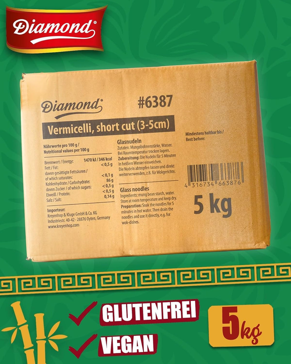DIAMOND glass noodles, short mung bean starch glass noodles, naturally vegan and gluten-free - 1 x 5 kg