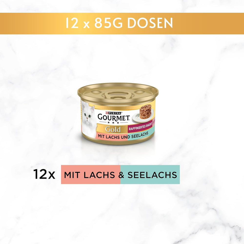 Hrană umedă pentru pisici Gourmet Gold Refined Ragout Duetto, cu somon și cod galben, pachet de 12 (12 x 85 g)