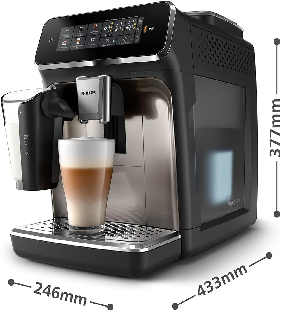Espressor automat PHILIPS seria 3300 - 6 băuturi, ecran tactil color modern, sistem de preparare a laptelui LatteGo, SilentBrew, râșniță 100% ceramică, filtru AquaClean. Crom negru (EP3347/90)