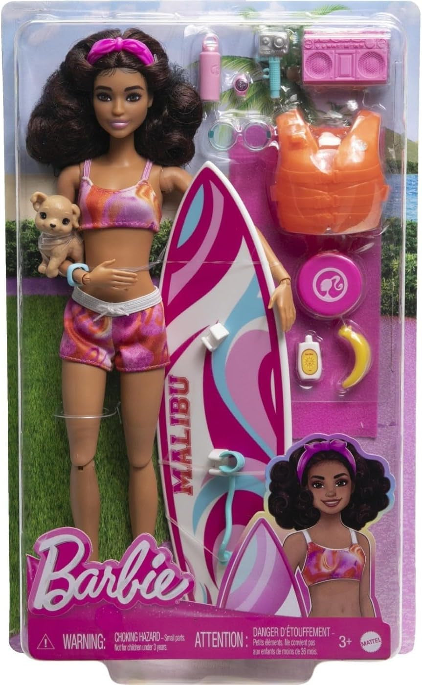 Barbie Surfer Doll with Surfboard and Handle, Towel and Radio for Beach Adventures and Stories, Clips and Ankle Strap for Realistic Surfing, Ages 3+ HPL69 Naty Shop Modern Dolls