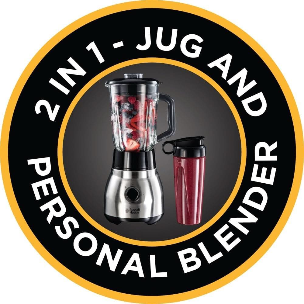 Russell Hobbs Standmixer 2-In-1 [1.5L Glasbehälter Mixer & 0.6L Mini Smoothie Maker -To-Go-Trinkflasche Inkl. Deckel] Spülmaschinenfest, Impuls-/Ice-Crush Funktion, Becher BPA Frei, Edelstahl 23821-56 Kitchen Naty Shop