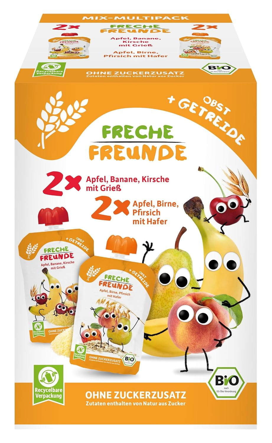 FRECHE FREUNDE Organic Mix in a Multipack Squeezable Bag - Fruits + Cereals, Fruit puree with cereals in a squeezable bag for babies from 6 months, vegan, pack of 3, 3 x (4 x 100g)