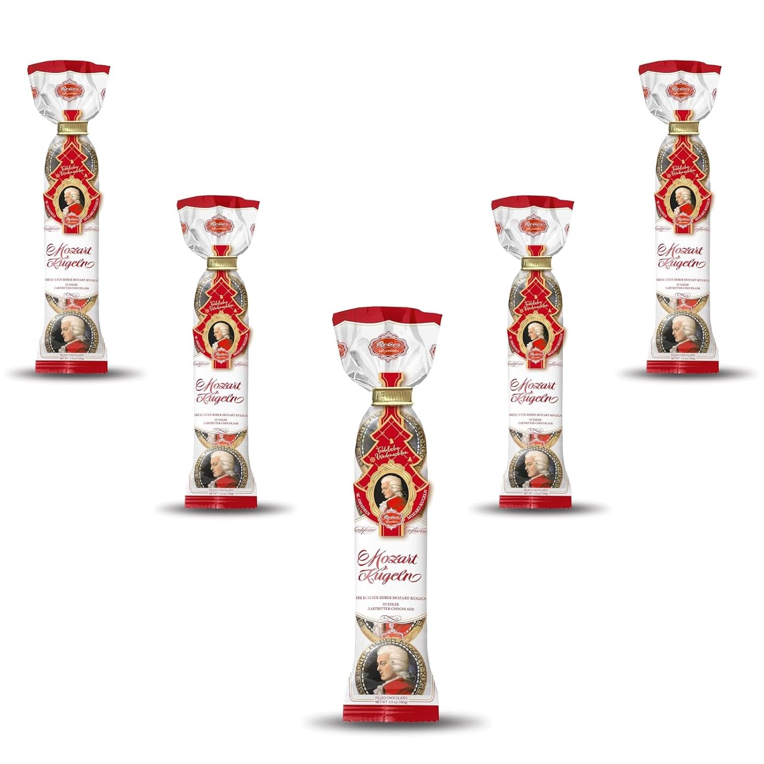 Reber Mozart balls - 5 bags of 5 sweets in the Christmas edition - Authentic Reber Mozart balls, made of dark chocolate, marzipan and nougat