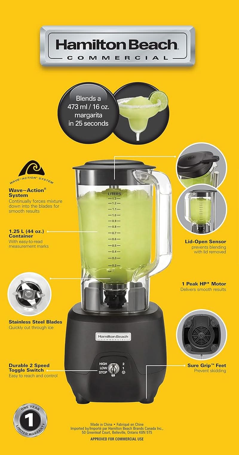 Hamilton Beach Commercial® 908®R Bar Blender, HBB908R-CE, 1 HP, 1.3 L Polycarbonate Container, 2 Speeds, 220-240V, Black Bucatarie Naty Shop