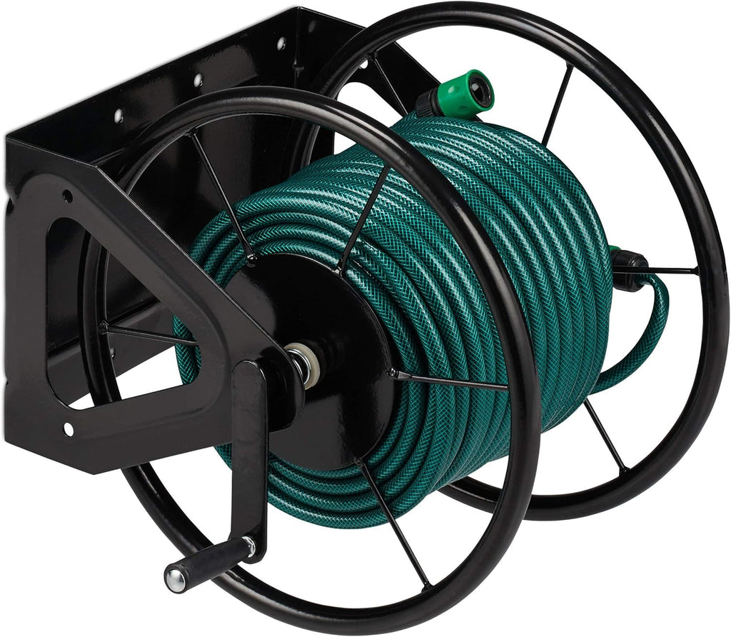 Tambur furtun Relaxdays, tambur furtun cu manivelă, pentru furtun de 60 m, oțel, ÎxLxA: 41,5 x 54 x 45 cm, negru
