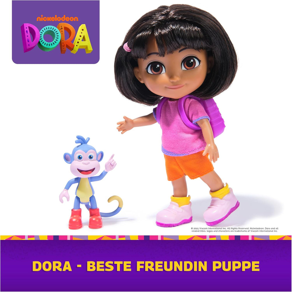 DORA - Păpușa cea mai bună prietenă - Dimensiune 22 cm, cu păr pieptănabil, ghiozdan și cizme cu maimuță, cunoscută din popularul serial TV, pentru copii cu vârsta de 3 ani și peste