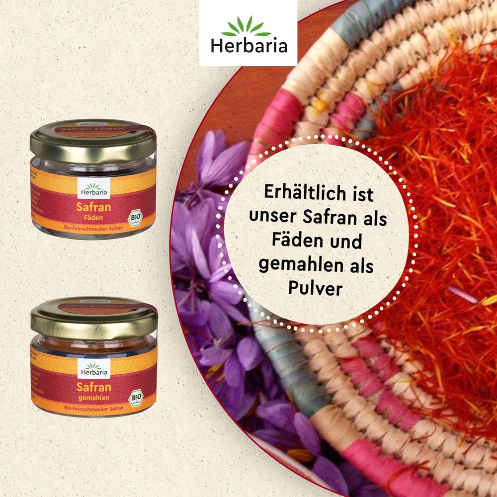 Herbaria Safran-Fäden bio 0,5g im Glas – Bio Saffron-Fäden aus dem bereicht Safran-Ort Taliouine in Marokko – Safranfäden in Premium Bio-Qualität – Saffron Premium - Safran première catégorie