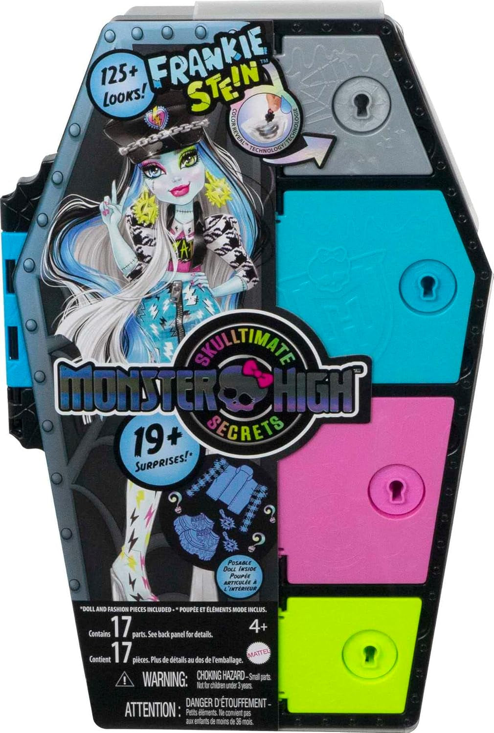 Monster High HKY62 - Păpușă și Set de Modă, Frankie Stein cu Dulap și peste 19 Accesorii, Secretele Skulltimate, Jucărie de Păpușă pentru Copii cu Vârsta de 4 Ani și Peste