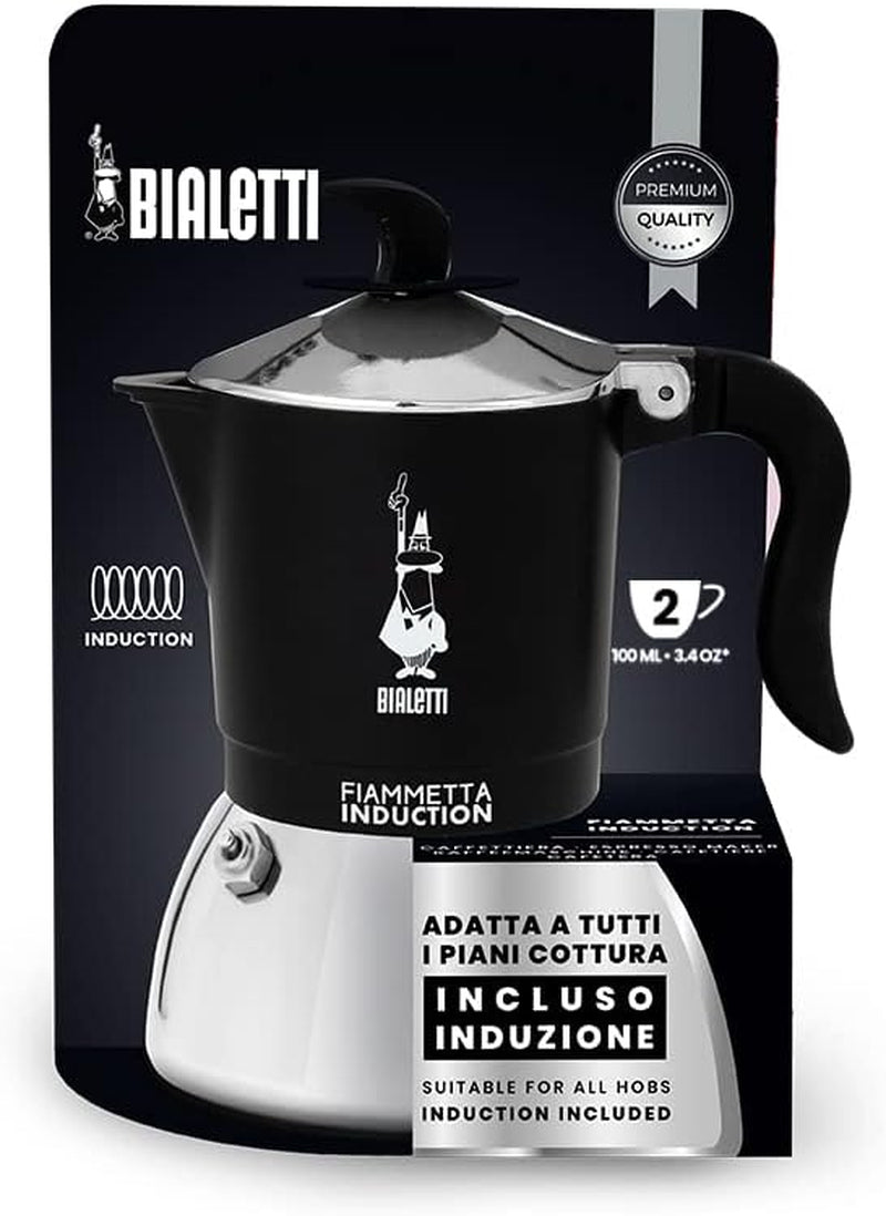 Aparat de cafea cu inducție Bialetti Fiammetta, 2 căni (100 ml), potrivit pentru toate tipurile de plite, design elegant, negru