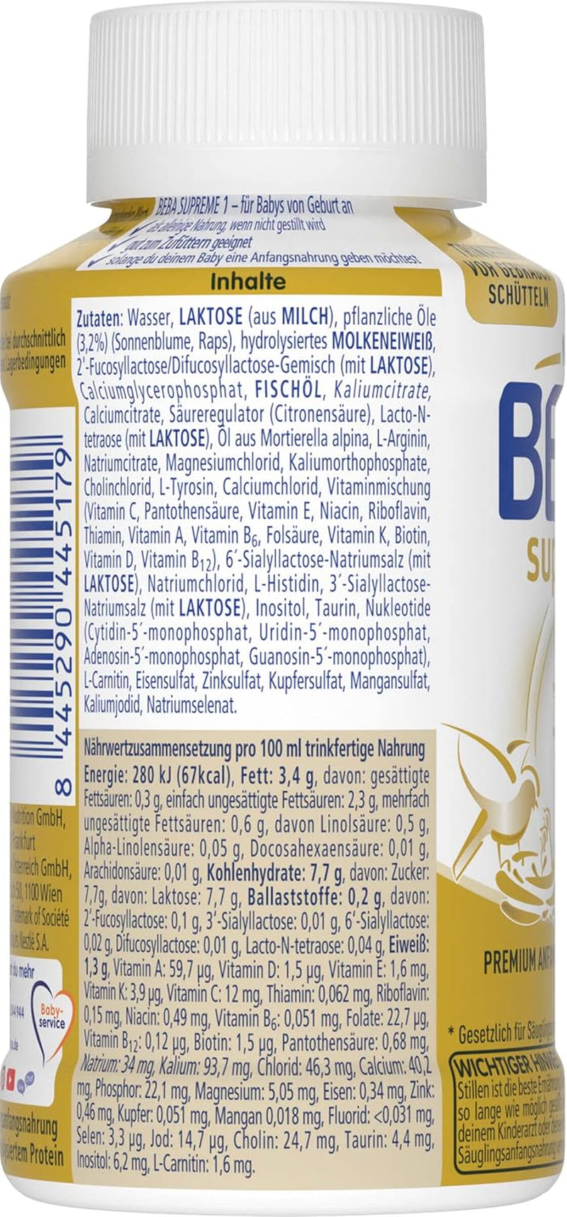 BEBA Nestlé BEBA SUPREME 1 Infant milk: ready-to-drink bottles with Omega 3, pack of 4 (1 x 200 ml)