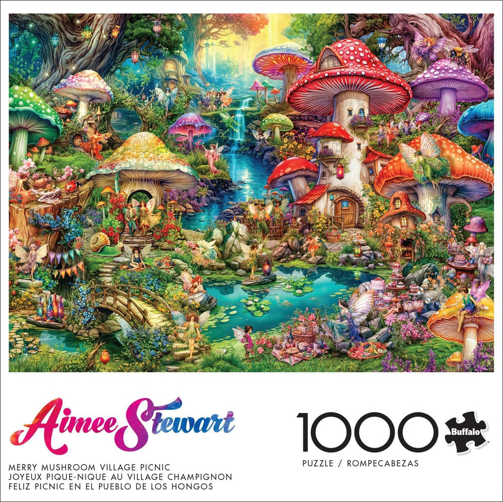 Buffalo Games - Aimee Stewart - Merry Mushroom Village Picnic - Puzzle de 1000 de piese pentru adulți, puzzle provocator, perfect pentru serile de jocuri - Ready Made Size 26.75 X 19.75 Cm Puzzle Naty Shop