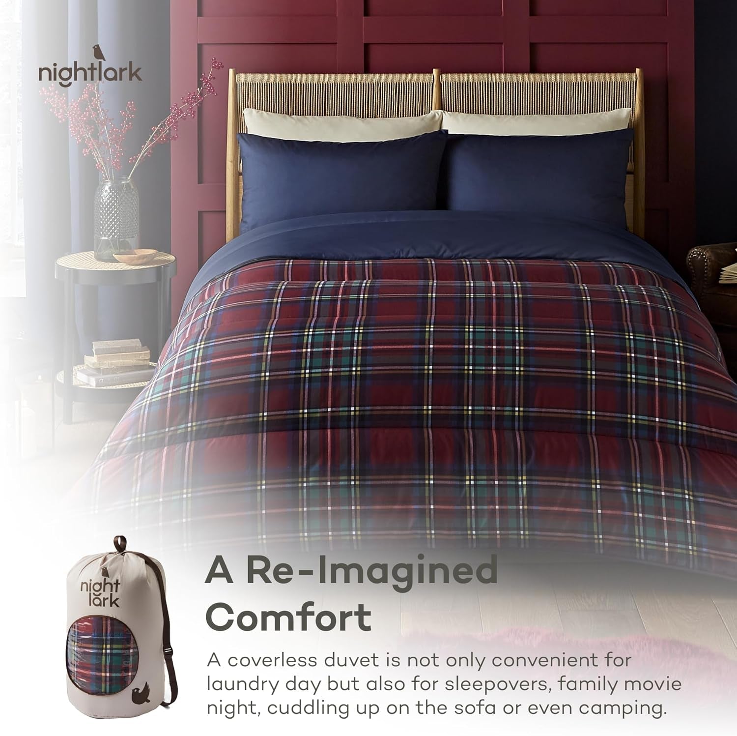Night Lark Duvet and Pillowcase Set, 10.5 tog, Single, Classic Red Tartan, Luxury Bedding, Hypoallergenic, Machine Washable Duvets and Comforters Naty Shop