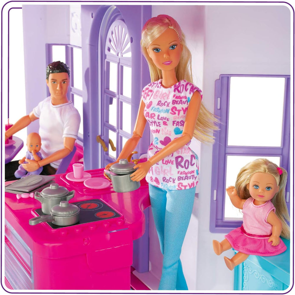 Simba 104661996 - Steffi Love Dreamhouse, Large Playhouse, 4 Rooms, NO PUPPETS, 84cm High, Two Tiers, Functional Bell, Collapsible Naty Shop Dollhouses