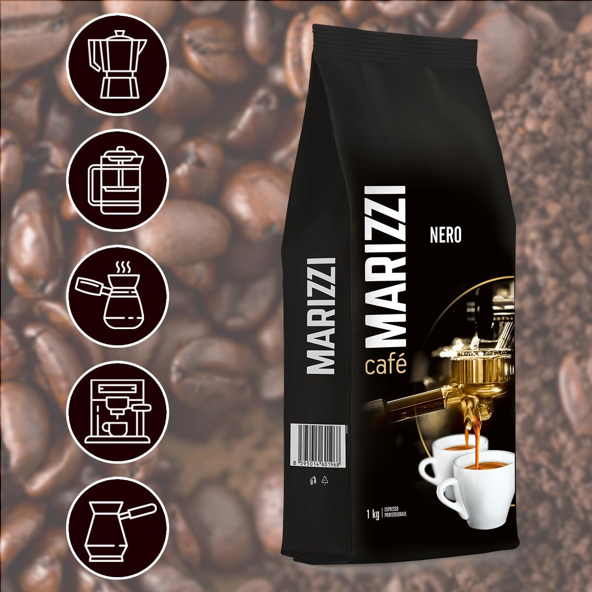 MARIZZI - Nero - 100% Arabika, Ganze Kaffeebohnen - 1kg, Frisch, Dunkel Geröstet, Nussiger Nachgeschmack, Ideal Für Gastronomie, Büro & Zuhause, Italienischer Kaffeegenuss, Aus Besten Ernte Amerikas
