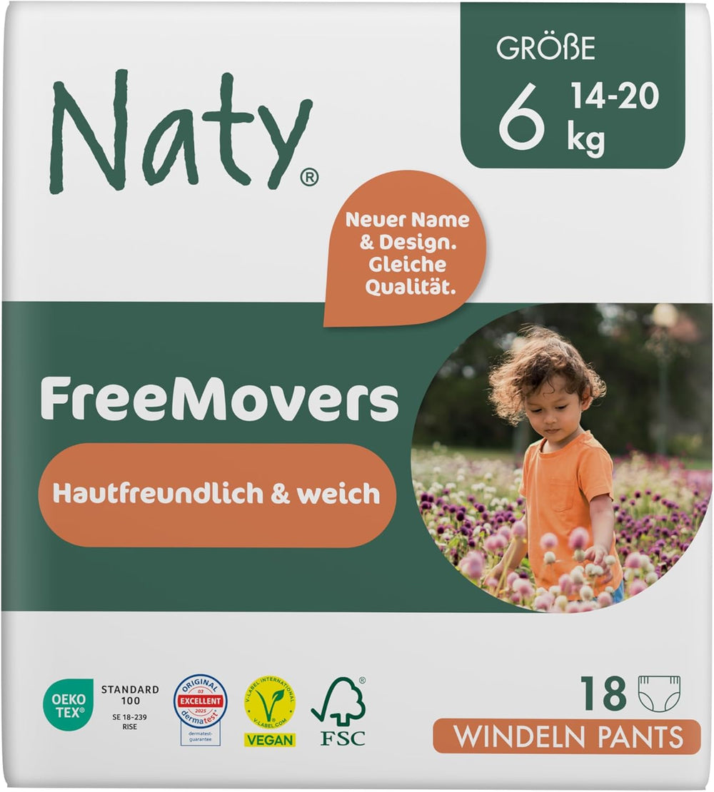 Naty FreeMovers Baby Diapers | Certified Skin Friendly Diaper Covers | Soft and fragrance free | Absorbent and leak-proof | Dermatologically tested Size 5 (12–18 kg) | 80 pieces