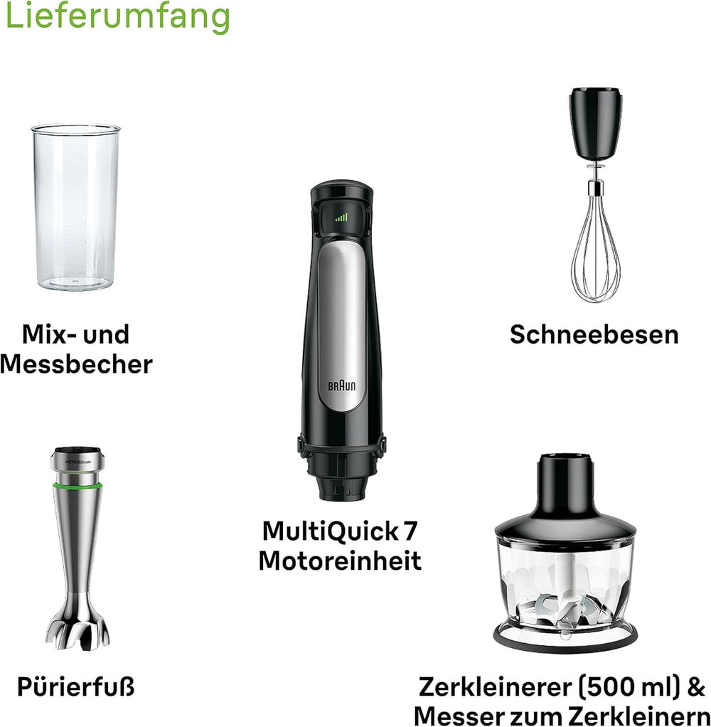 Braun Multiquick 7 MQ 7035X Stabmixer - Pürierstab Mit Abnehmbarem Edelstahl Mixfuß Mit Activeblade Technologie Zum Pürieren Der Härtesten Ingredient, Inkl. 3-Teiliges Zubehör Set, 1000 Watt, Schwarz Kitchen Naty Shop