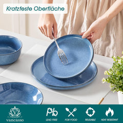 Steingut Geschirrset 6 Personen, vancasso ANYA Blau Teller Set Modern 24 teilig,Tafelservice mit Speiseteller, Suppenteller, Desserttellern, Schüsseln, Geschirr Set Spülmaschinen und Mikrowellenfest