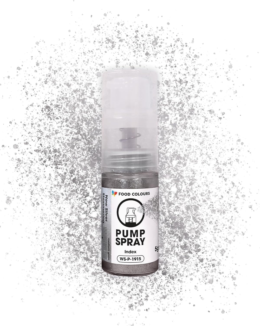 Spray alimentar cu sclipici comestibil NOUĂ pompă SILVER SHIMMERING 5G cu pudră metalică pentru decorarea rapidă și eficientă a prăjiturilor, cremelor, jeleurilor, pralinelor, decorațiunilor din ciocolată și zahăr