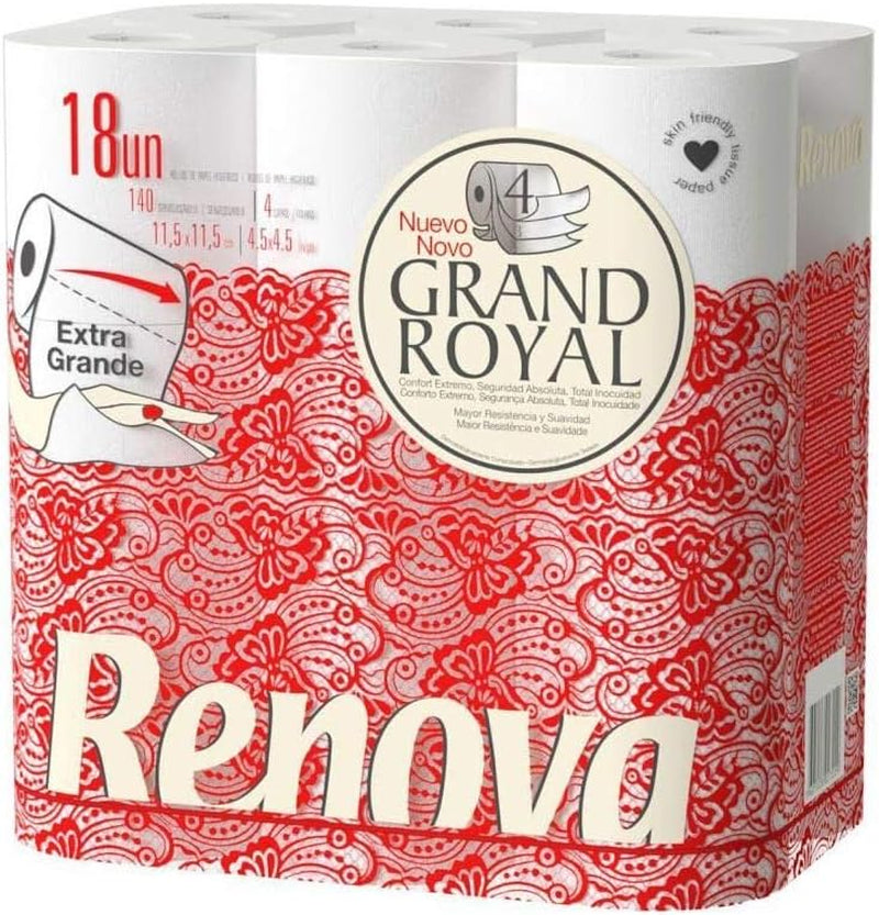 Hârtie igienică Renova Grand Royal, 18 role Premium XXL, 4 straturi, moale și rezistentă