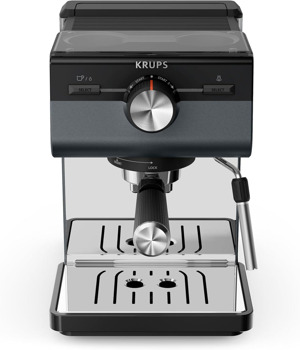 Espressor KRUPS Authentic+, 15 bari, operare intuitivă, design sofisticat, duză de abur, inclusiv accesorii extinse, Bullet Argintiu închis/Oțel inoxidabil, XP384G10