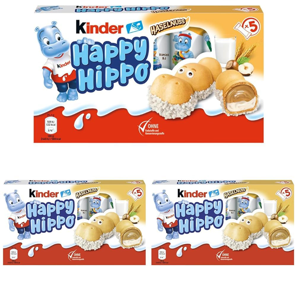 Kinder Happy Hippo Hazelnut - Specialty Crunchy Wafers with Milk and Hazelnut Cream - Carnival and Mardi Gras Sweets - 1 pack containing 5 individual bars of 20.7g each