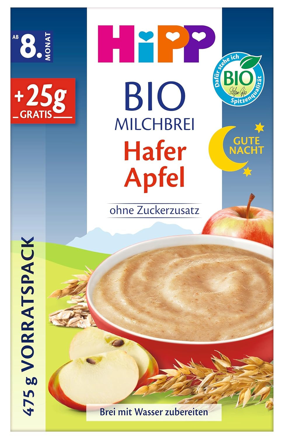 HiPP Good Night Oatmeal with apples and organic oat milk (4 x 475g), from 8 months, no added sugar, with organic whole grains and organic fruit, of the best organic quality