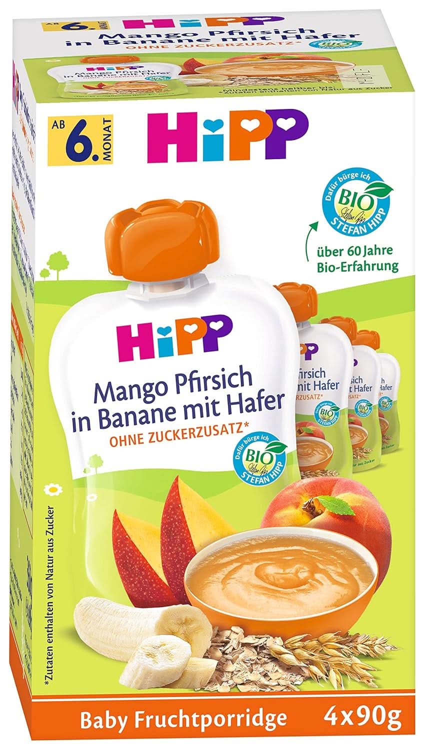 Hipp squeeze bags for babies, fruit porridge, peach mango in banana with oats, 100% organic fruit with no added sugar, 4 x 4 bags of 90 g Mother and Child Naty Shop 16 x 90 grams Fruit porridge mango peach in mashed banana with oats