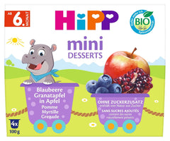 HiPP Organic Mini Dessert with Blueberry and Pomegranate in Apple Flavor (pack of 6 x 4 x 100g), from 6 months, in practical cups, no added sugar, best organic quality