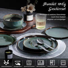 Homikit Geschirrset 6 Personen, 18-tlg Steinzeug Geschirr Set, Reaktive Glasur Tafelservice mit Speiseteller Dessertteller Müslischüsseln, Mikrowellen- und Spülmaschinenfest, Kieferrauchgrün