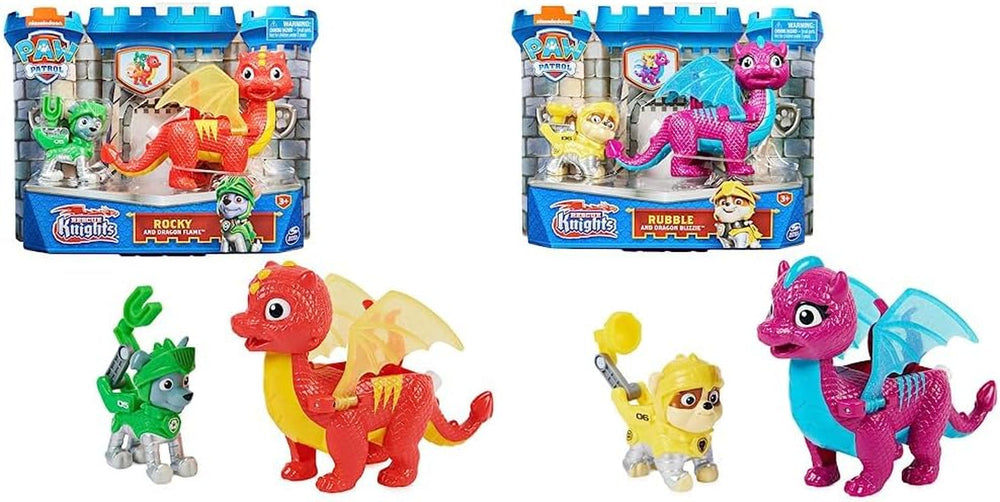 PAW PATROL, Rescue Knights Rocky și Dragon Flame set de figurine de acțiune, jucărie potrivită pentru copii cu vârsta de peste 3 ani Action figures Naty Shop Pachet cu set de figurine de acțiune Rocky