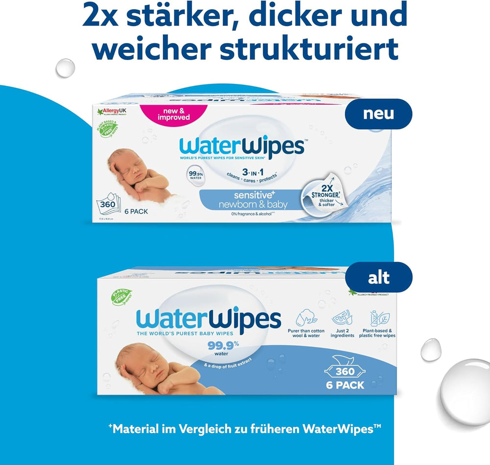 WaterWipes Sensitive+ Wet Wipes for Newborns and Babies, 360 Pieces (6 Pack), 3-in-1 Cleaning, Care, Protection, 99.9% Water, Fragrance Free