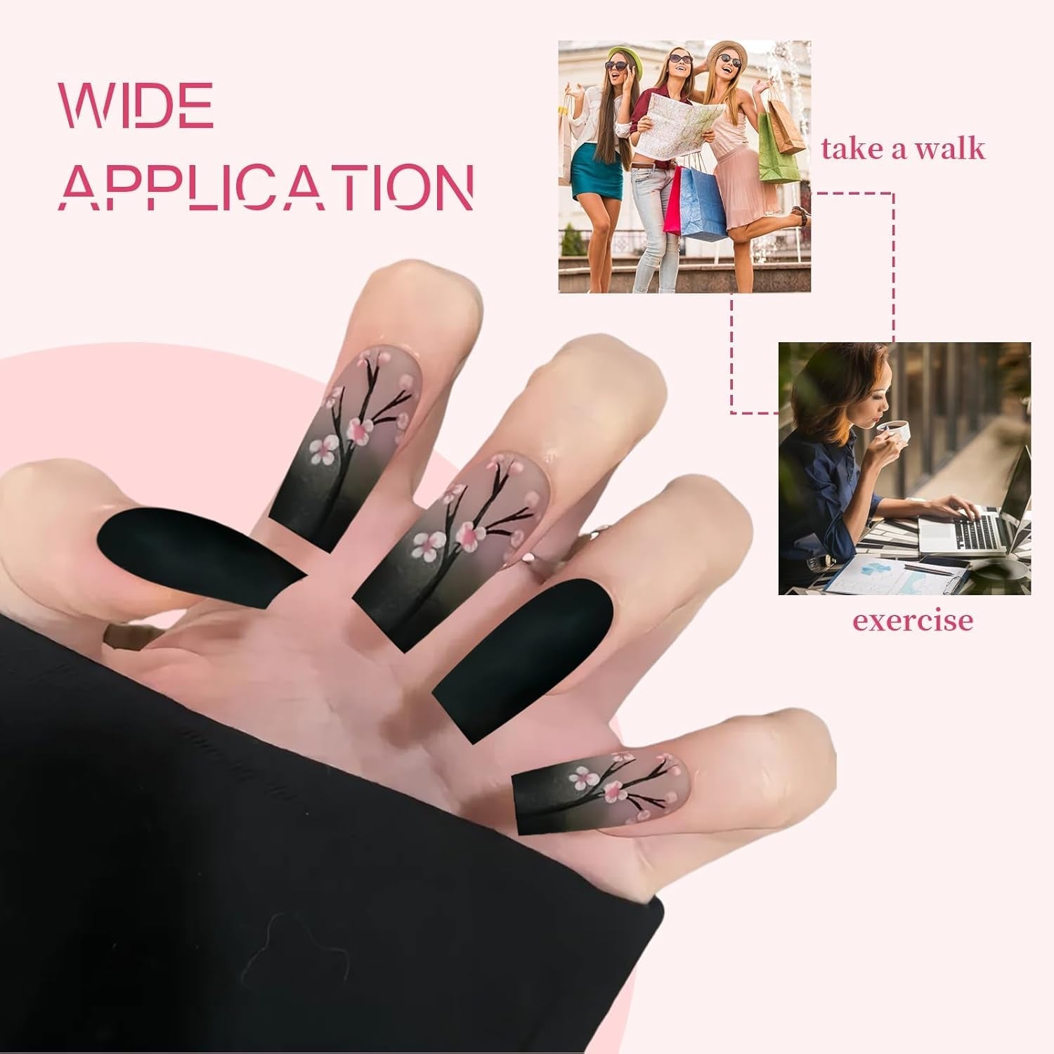 24 de bucăți de unghii French Press negre de toamnă, unghii lungi cu flori roz, unghii artificiale pentru lipit, set de unghii artificiale de toamnă cu accesorii