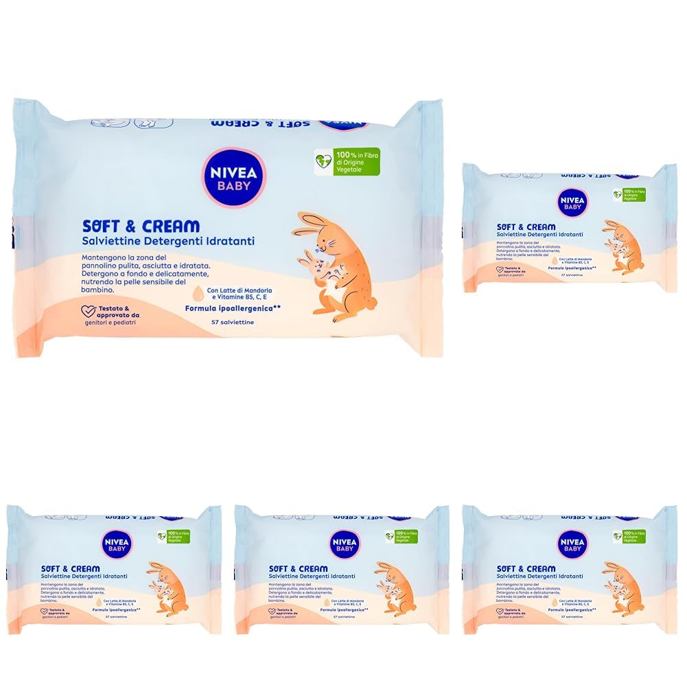 NIVEA Baby Moisturizing Cleansing Wipes Soft & Cream, 57 pieces, for clean, dry and hydrated skin, baby wipes with almond milk and vitamins B5, C and E