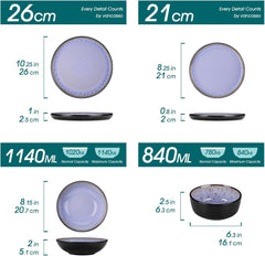 Steingut Geschirrset 6 Personen, vancasso AMBER Teller Set 6 Personen, Tafelservice 24tlg mit Speiseteller, Dessertteller, Suppenteller, Schüssel, Reaktive Glasur, Abendviolett, Spülmaschinenfest