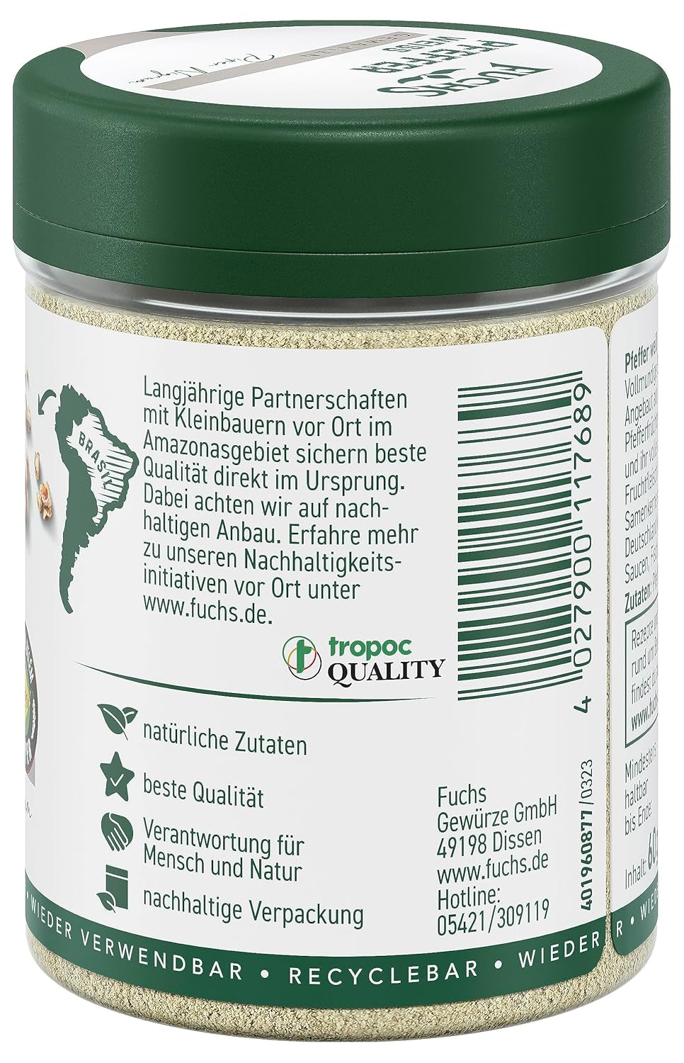 Fuchs Gewürze - Pfeffer weiß gemahlen - Pfeffer aus dem Amazonasgebiet, für helle Saucen, Fisch oder Suppen - natural Ingredients - 60 g in wiederverwendbarer, recyclebarer Dose