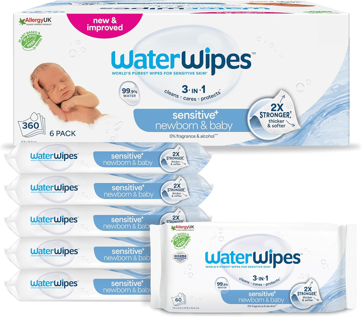 WaterWipes Sensitive+ Wet Wipes for Newborns and Babies, 360 Pieces (6 Pack), 3-in-1 Cleaning, Care, Protection, 99.9% Water, Fragrance Free