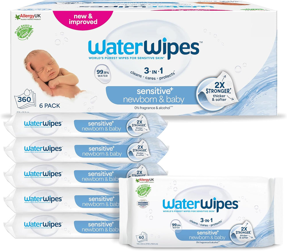 WaterWipes Sensitive+ Wet Wipes for Newborns and Babies, 540 Pieces (9 Packs), 3-in-1 Cleaning, Care, Protection, 99.9% Water, Fragrance Free