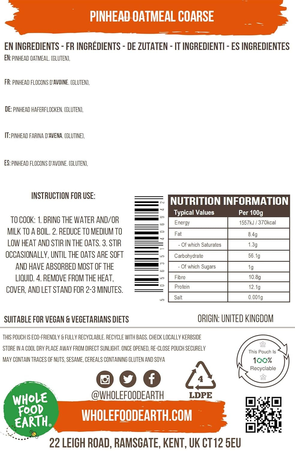 Wholefood Earth Pinhead Oatmeal Coarse Stabilized 3kg | Non-GMO | Rich in fiber