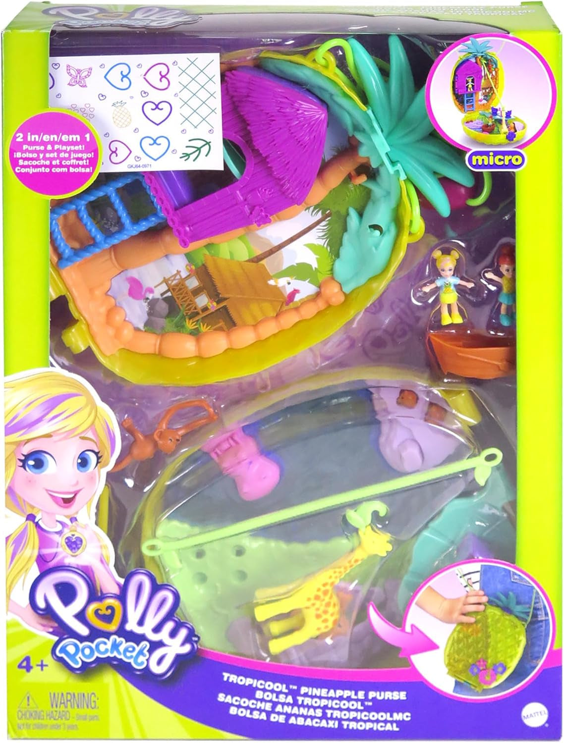 Polly Pocket GKJ64 - Portable Pineapple Pocket Box with 8 fun features, Polly and Purple dolls, 2 accessories and sticker sheet; toy for children aged 4 and over Papusi Naty Shop
