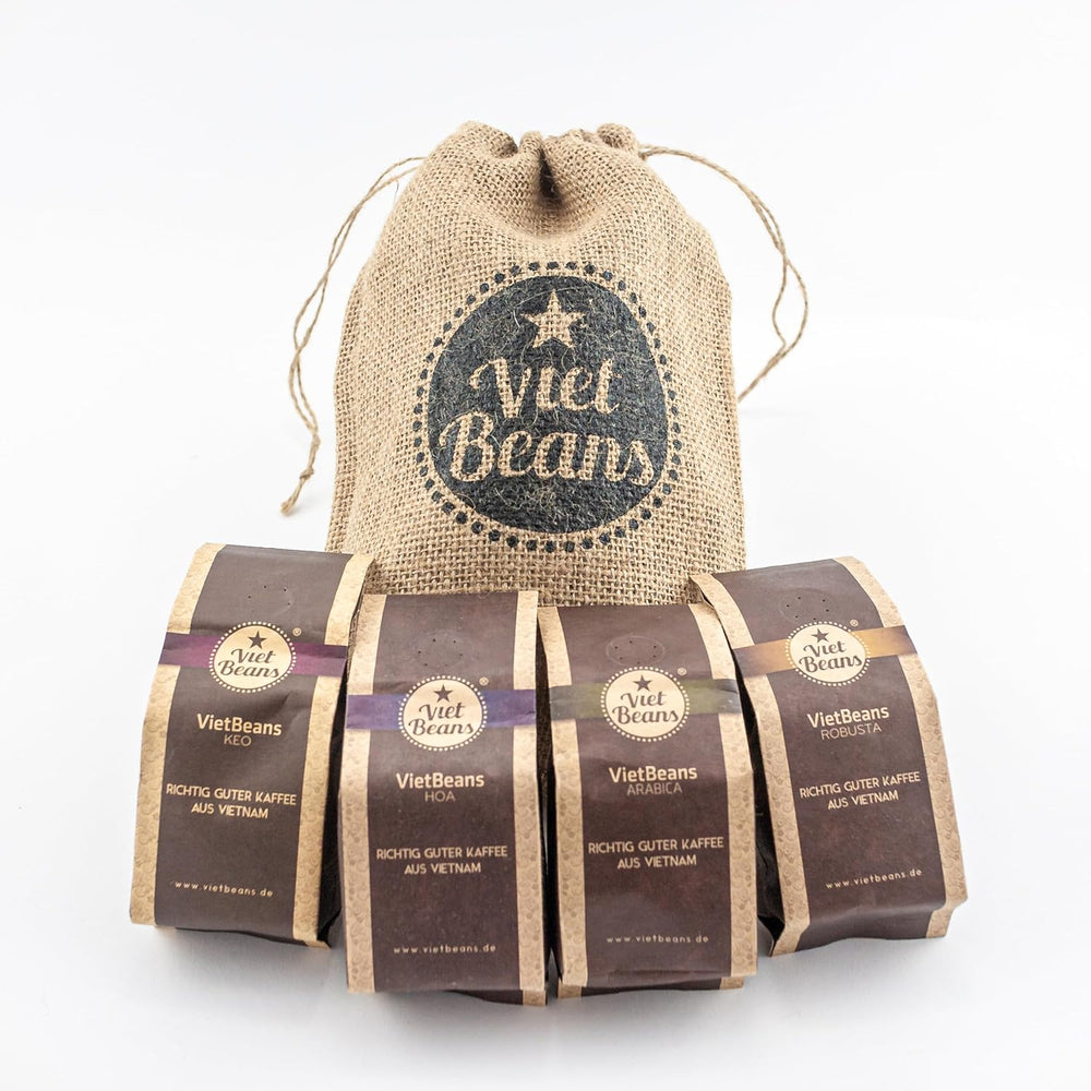 Kaffee Geschenk für Kaffeeliebhaber - Kaffeesack Jute - Vier Sorten exotischer Kaffee im Jutesack - Weihnachten Geschenkidee - Geschenk für Kaffeetrinker - Ganze Bohne